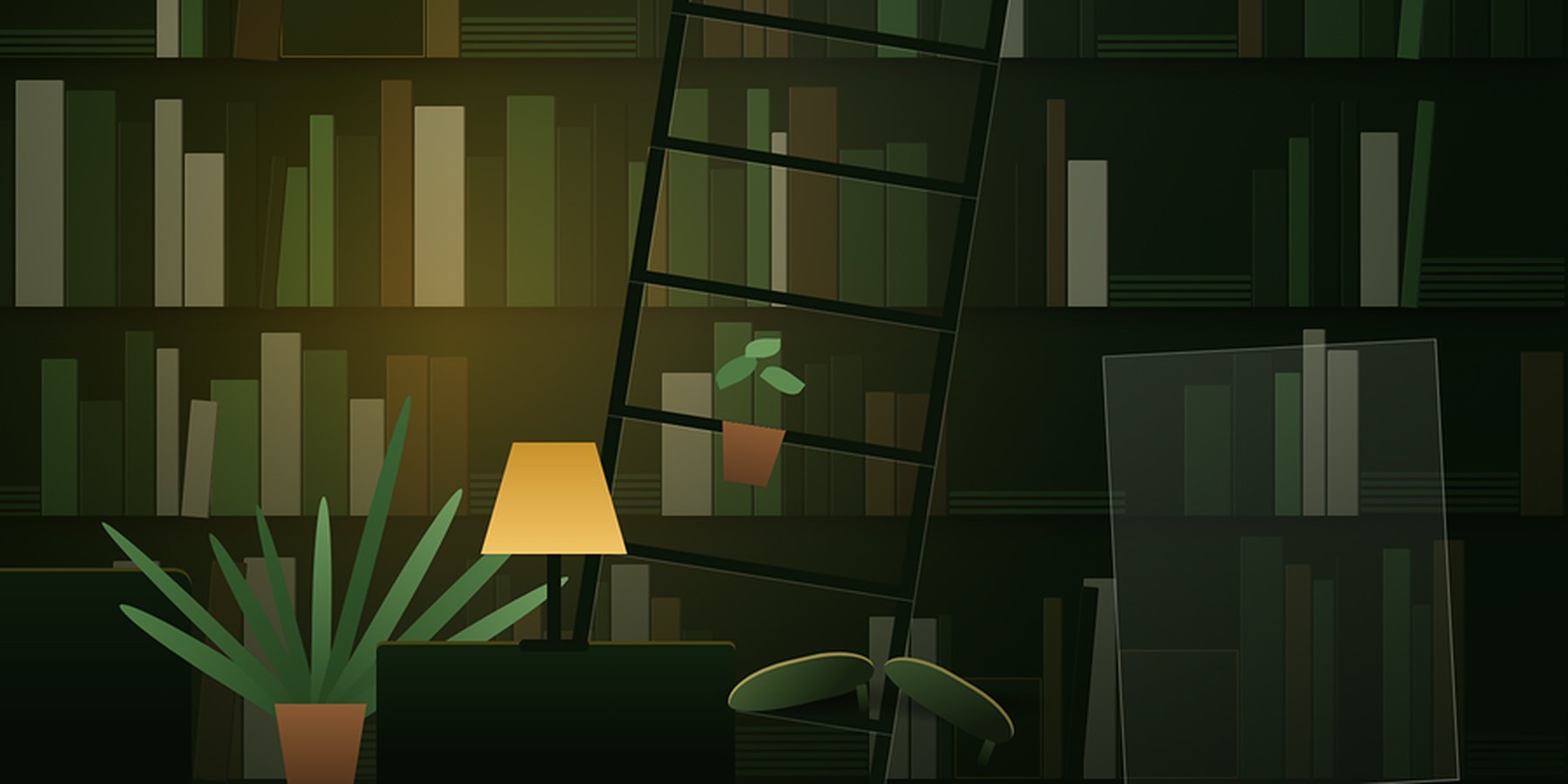 Illustrated library shelves with a ladder and a lit lamp
